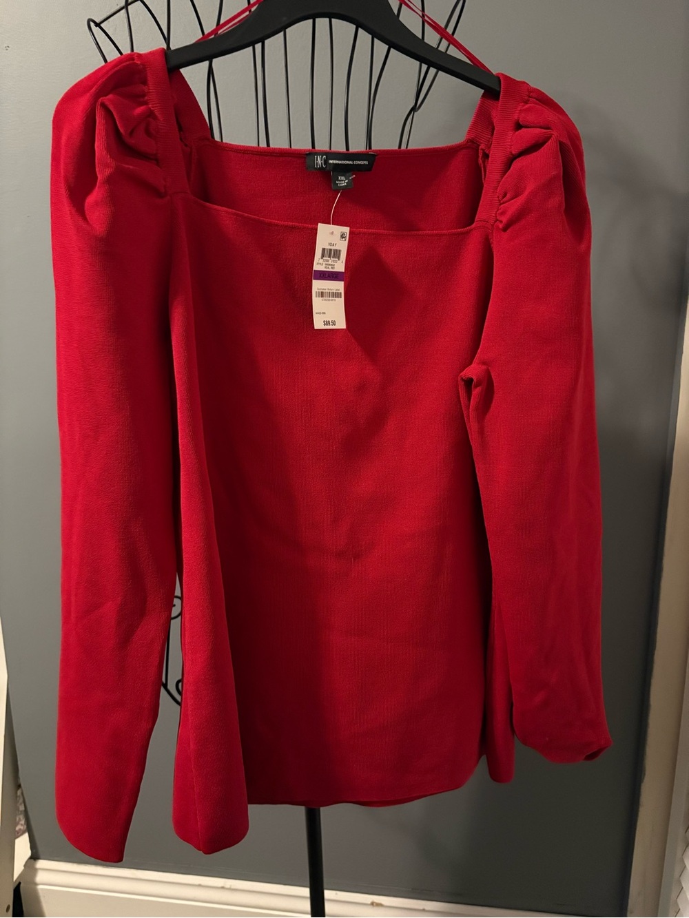 INC International Concepts Bright Red Square Neck Puff Sleeve Top